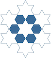 Figure: 'Seven Stars' badge as a discrete object. Blazon - A Mullet of six points Argent within a Circlet of six of the same all conjoined the first entoured by six regular Hexagons conjoined Azure